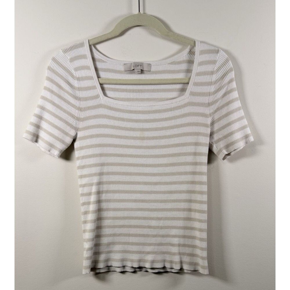 LOFT Womens White/Beige Striped Ribbed Knit Square Neck Short Sleeve Top L